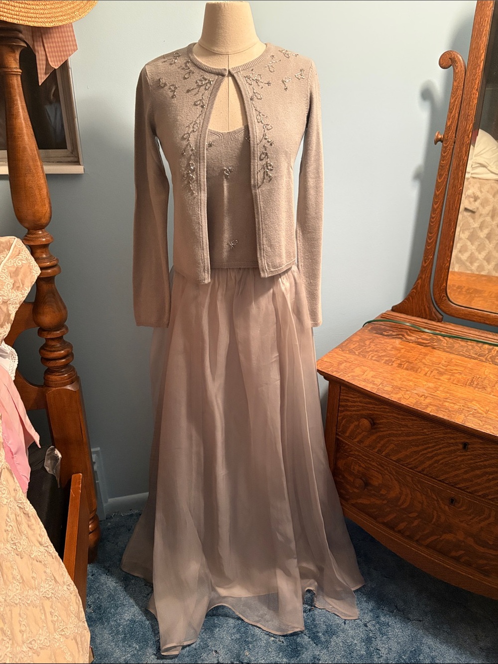 Laundry By Shelli Segal Taupe Embroidered Two-Piece Maxi Dress